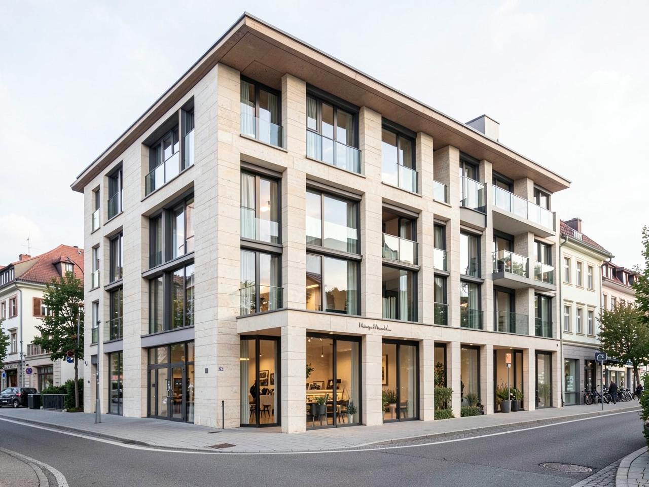 Contemporary stone and glass building in central Zug, Switzerland